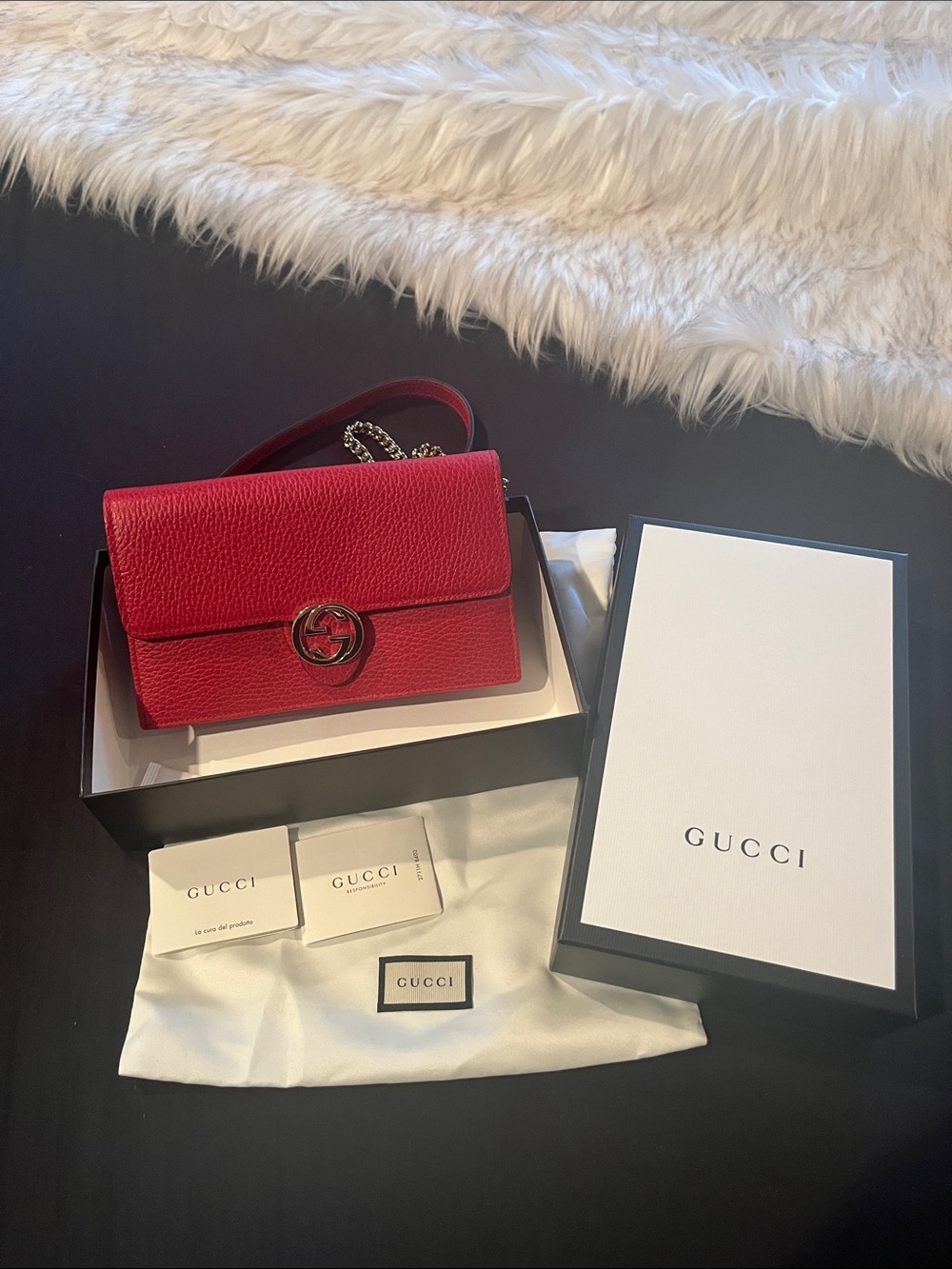 Gucci Red Pebbled Leather Chain Crossbody Wallet